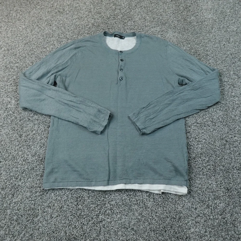 Vince Shirt Mens M Blue Linen Long Sleeve Henley Double Face Minimal Preppy Top